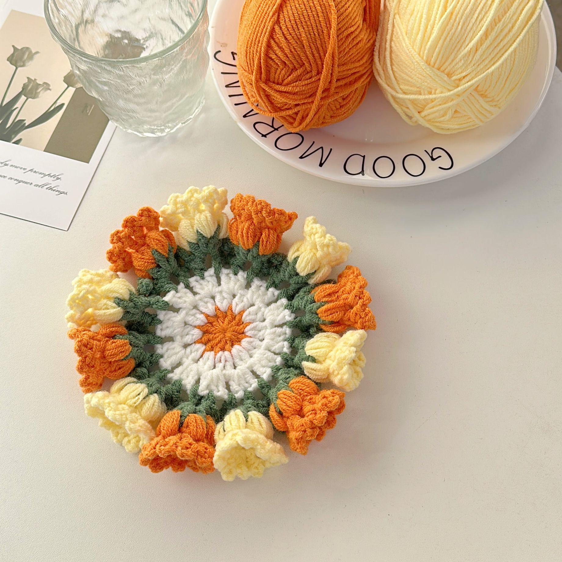 Picture of Beginner Handmade Weaving DIY Materials Kit, Yarn, Crochet, Lily of the Valley Gradient Coaster Gift for Girlfriend