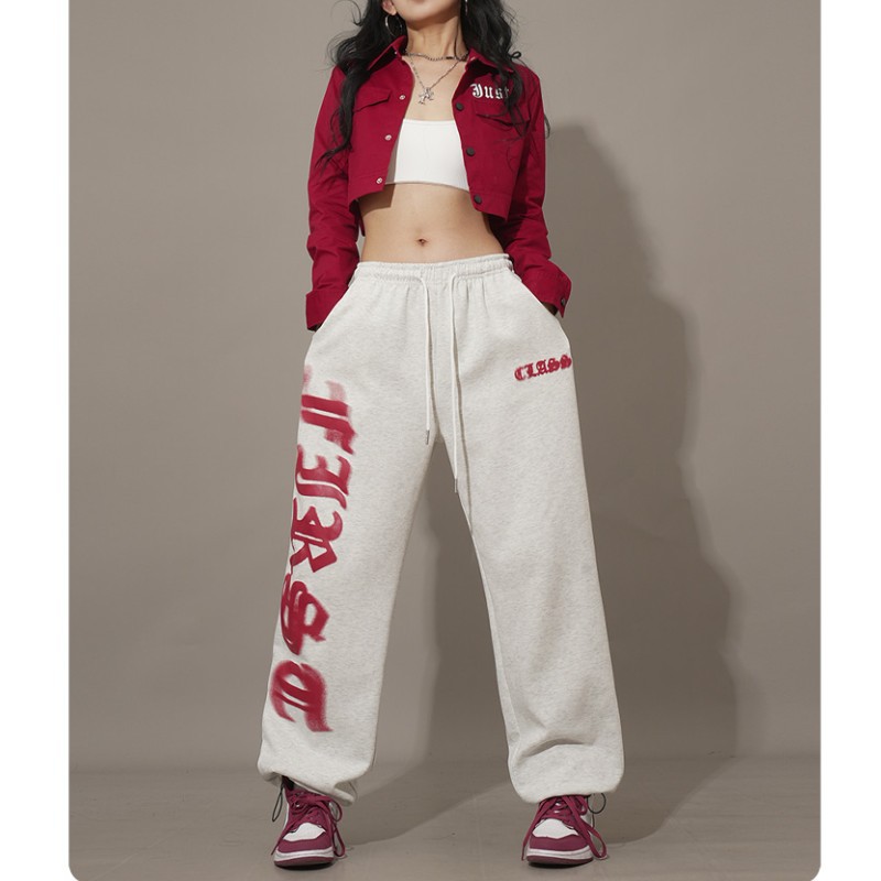 White Grey Street Dance Drawstring Design Sports Pants Women's 2024 Loose Wide Leg American Style Hip Hop Sweatpants Jazz Dance Trendy Pants