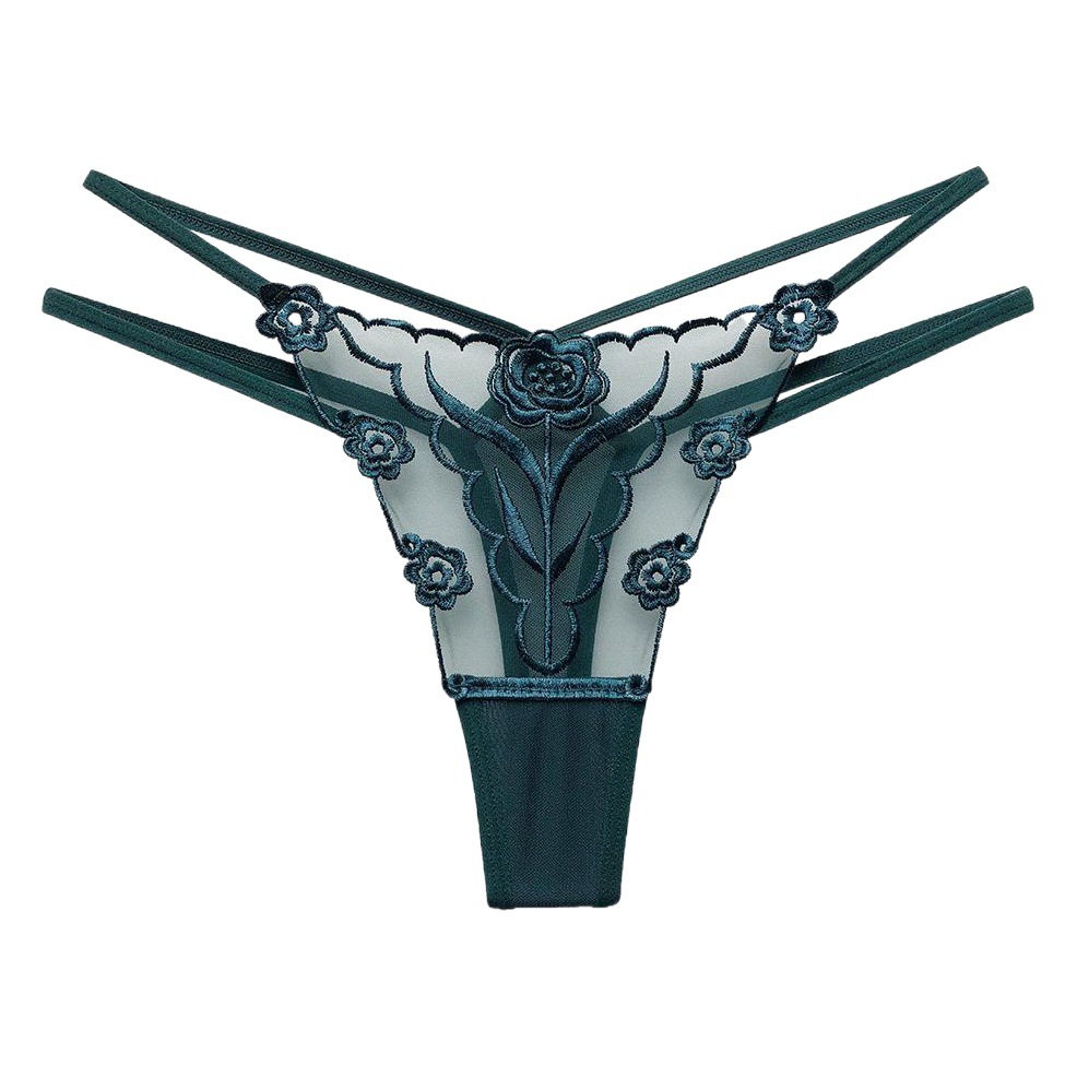 Foreign trade sexy embroidered gauze thong transparent temptation underwear women's seamless perspective cotton crotch T pants 2233