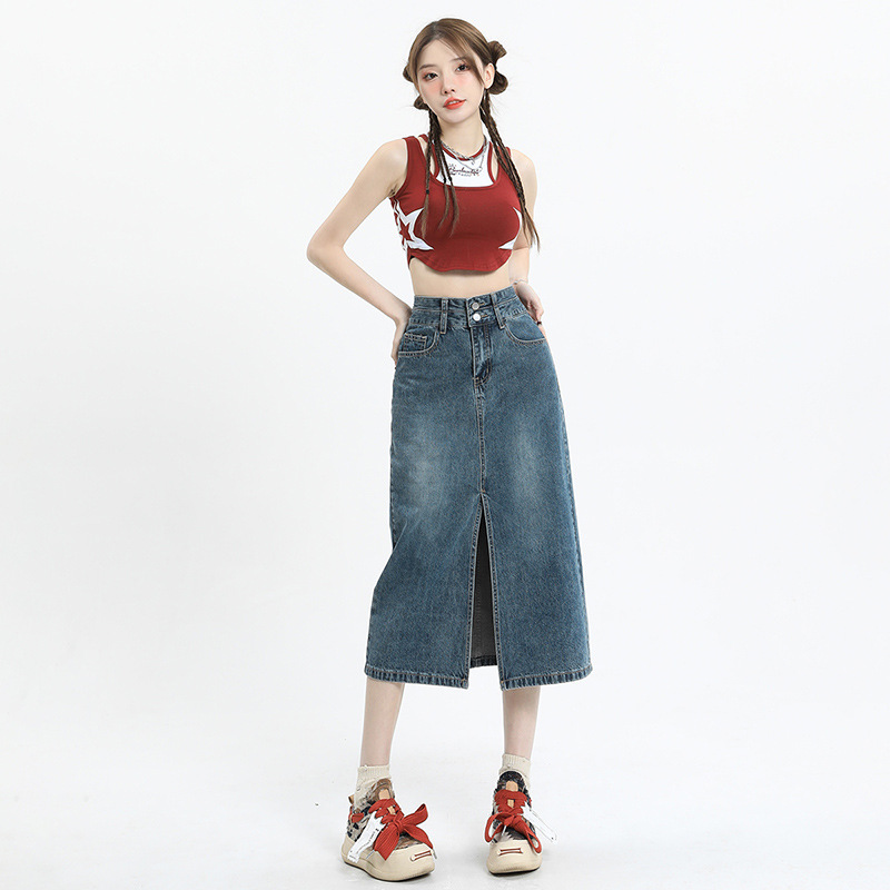 Split Denim Skirt Women's Skirt 2023 Summer Thin High Waist Slim Hip Skirt A- line Skirt Mid-length Skirt