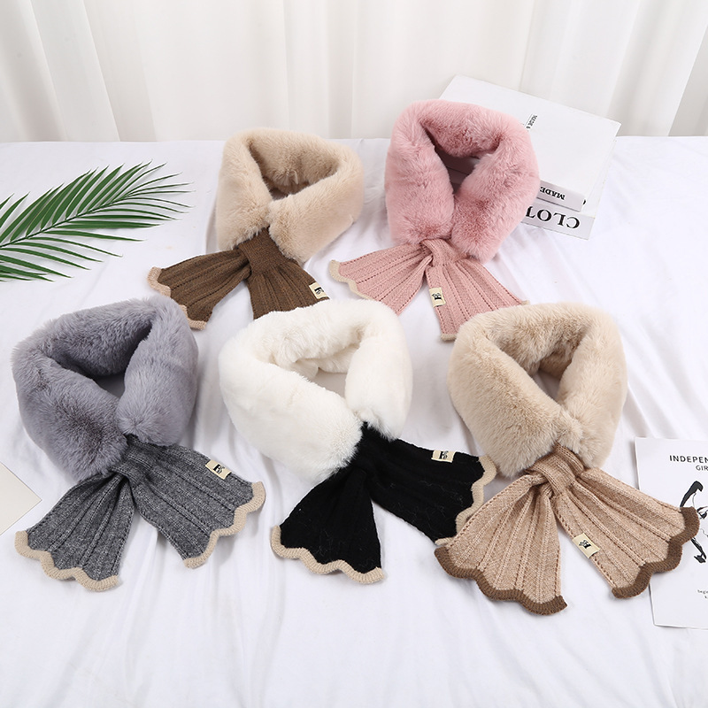 Korean version of knitted fishtail scarf new stitching fur scarf imitation Rex rabbit fur cross plush scarf manufacturers wholesale
