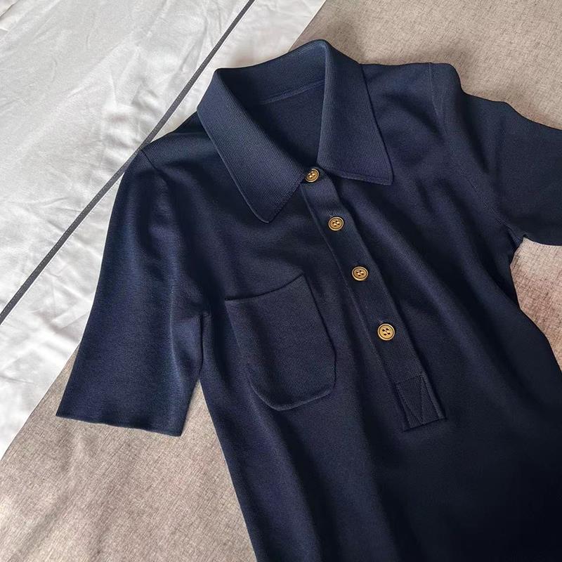 Picture of Cross-border Knitted Short-sleeved T-shirt Women's Summer Chic Unique High-end Sense Design Sense Niche Polo Shirt Elegant Top