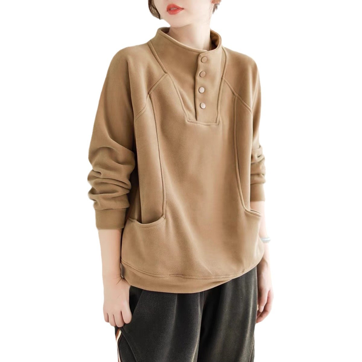Picture of 260 Quilted Semi-high Collar Button Warm Sweater Women's Loose Korean Style Meat Covering All-match Design Sense Pocket Stitching