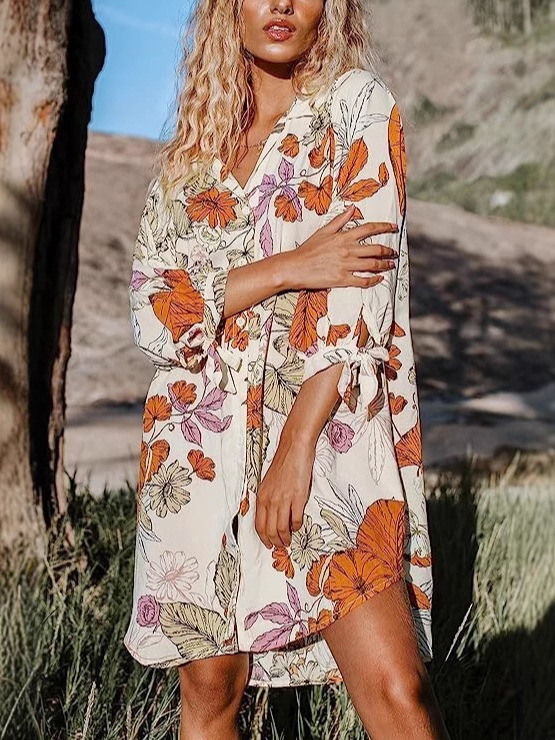 Cross-border 2024 Summer New European and American Printed Seven-sleeve Cardigan Shirt Amazon Bikini Beach Blouse Women