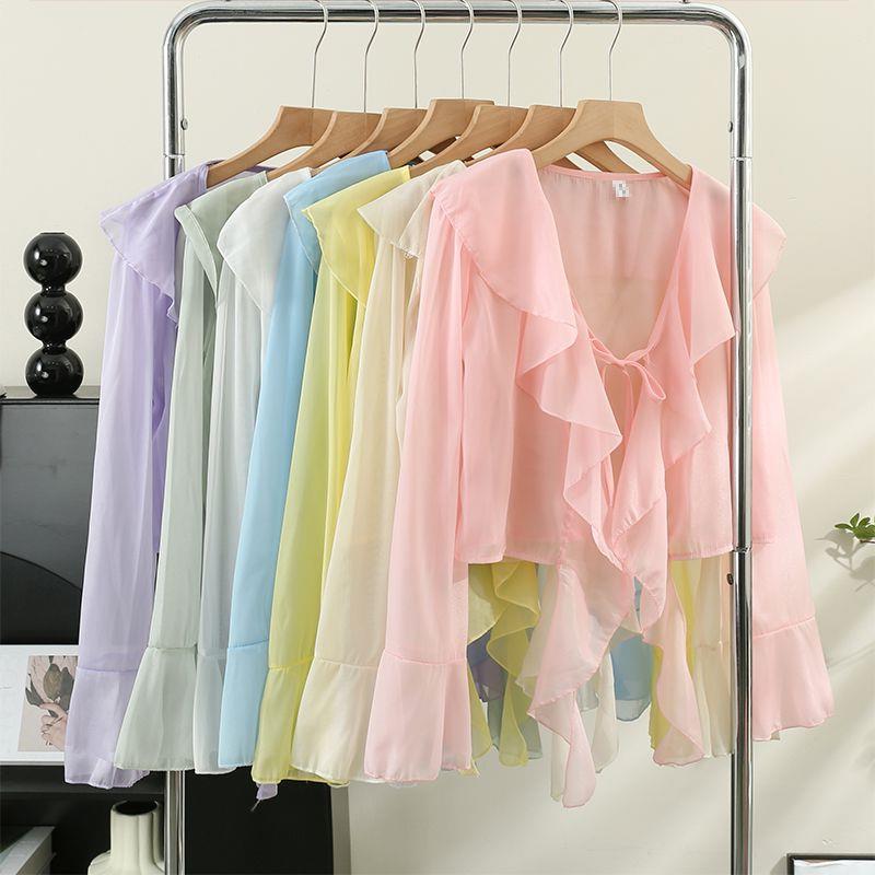 Picture of Sweet Ruffled Lace-up Short Chiffon Shirt for Women in Summer with Suspender Skirt and Shawl Small Outwear Sun Protection Blouse