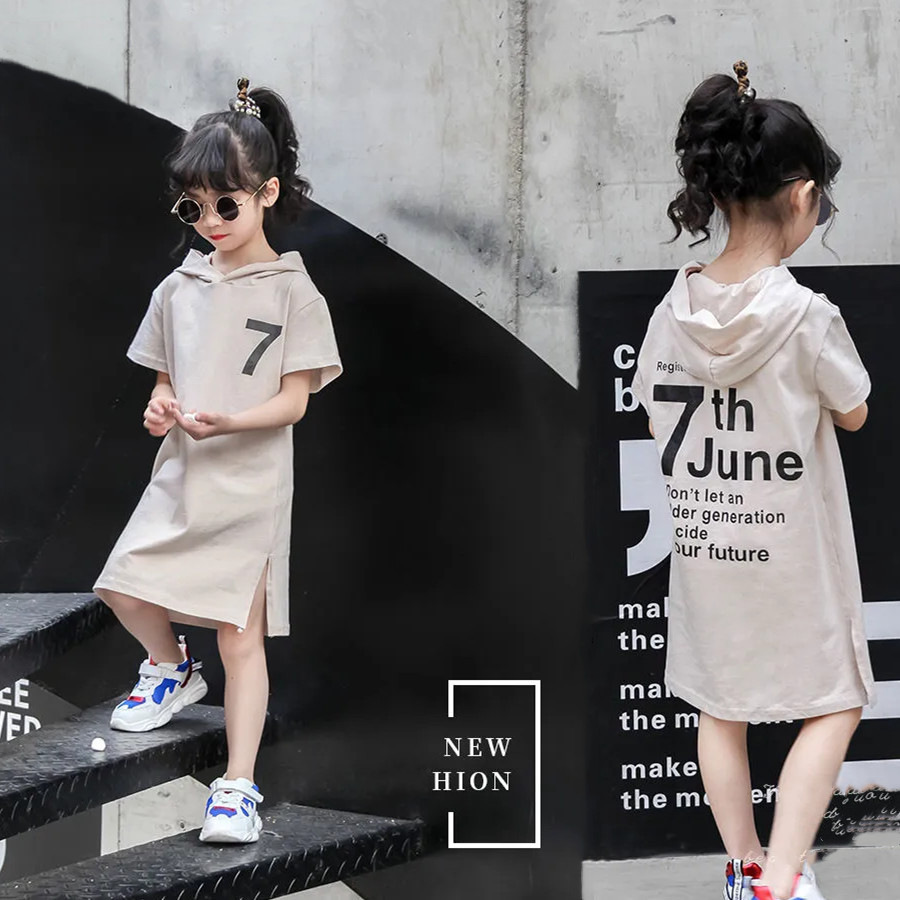 Girls' dress 2024 New Short-sleeved Mid-length Hooded T-shirt Women's Big Boy's Summer Korean-style All-match T-shirt Skirt