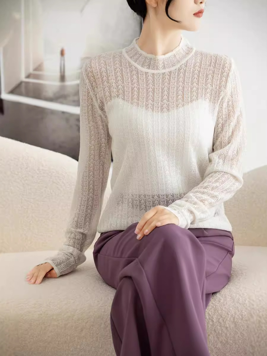 2024 Spring and Autumn New Knitted Sweater Full Hollow Wave Pattern Half High Collar Base Shirt Women's Western Style Fashionable Slimming Top