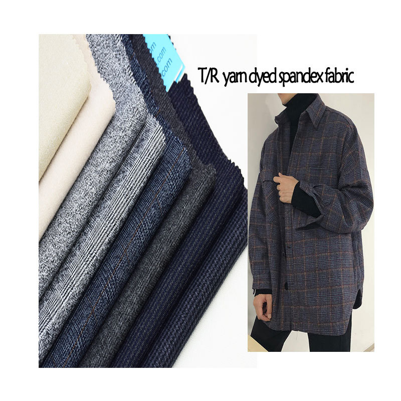 Wholesale T/R stretch yarn-dyed fabric style multi 250GSM autumn ladies casual coat pants skirt fabric