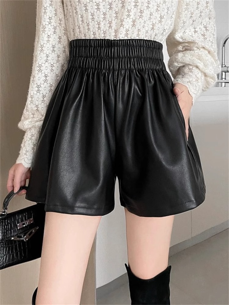 2023 autumn and winter new high waist A- line wide leg pants leather shorts women's elastic waist all-match slimming loose PU leather boot pants