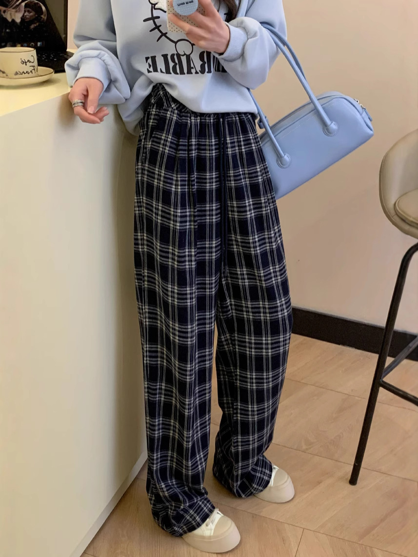 Slimming Casual Pants for Women, Loose Fit, Plaid Commuter Pants, Wide-Leg Pants, Retro Lazy Style Patterned Pants That Make Legs Look Longer