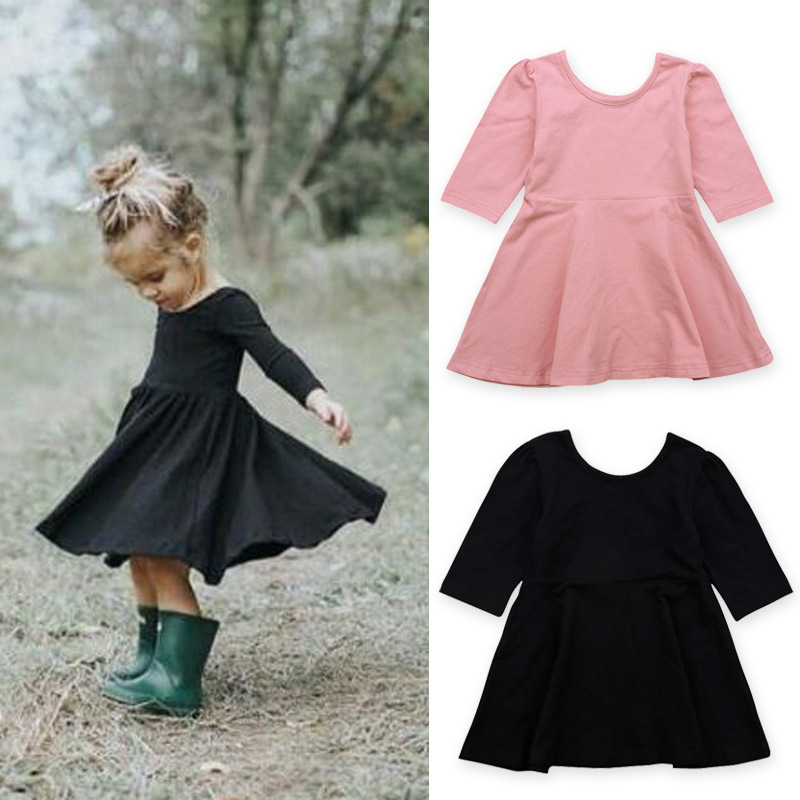 Children's European and American spring and autumn girls' three-quarter sleeve solid color dress children's clothing one-piece delivery ins