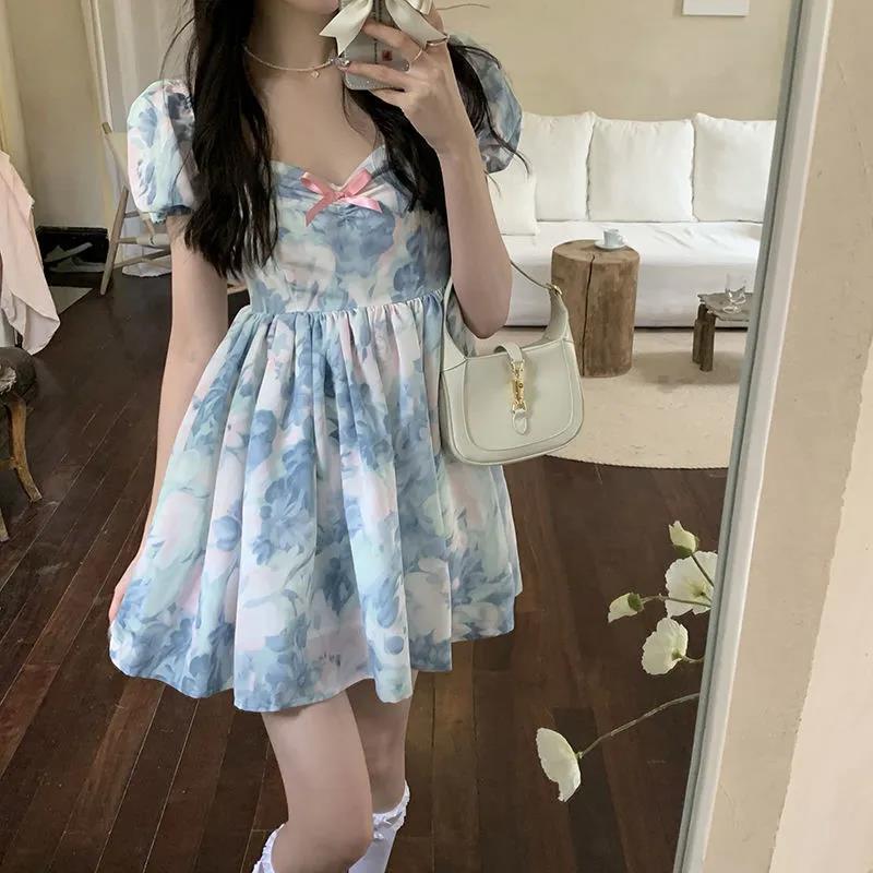 Summer 2022 New French Style First Love Platycodon Story Student Waist-Slimming Gradient Bubble Sleeve Dress