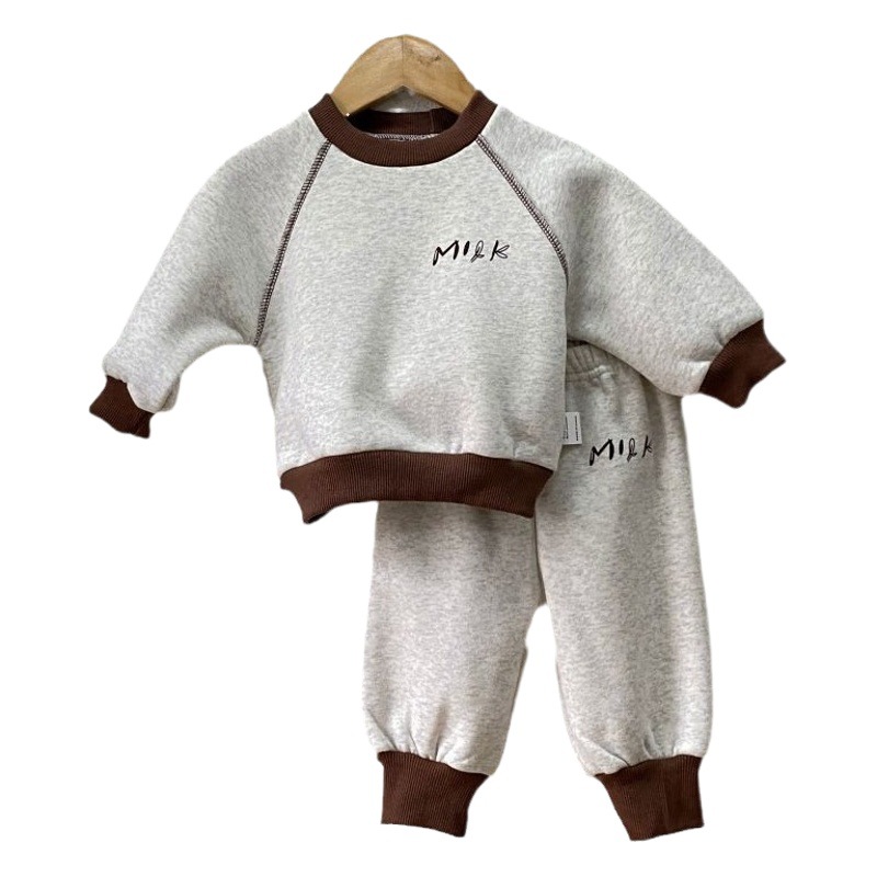 Baby Baby Autumn and Winter Velvet Contrasting Color Big Butt Pants Fashionable Casual Sweatshirt Suit Male and Female Baby Separate Clothes