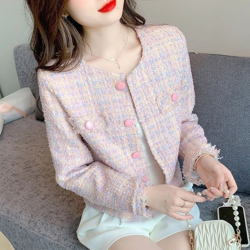 2025 New New Year Pink Small Fragrance Style Short Old Money Tweed Jacket Women's Long Sleeve Lady Style Slimming