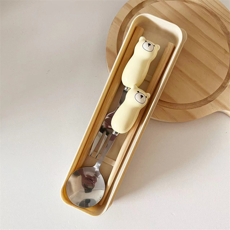 Picture of Ceramic Handle Cute Cartoon Skin Spoon Chopsticks suit Portable Tableware Cartoon Spoon Fork for Students