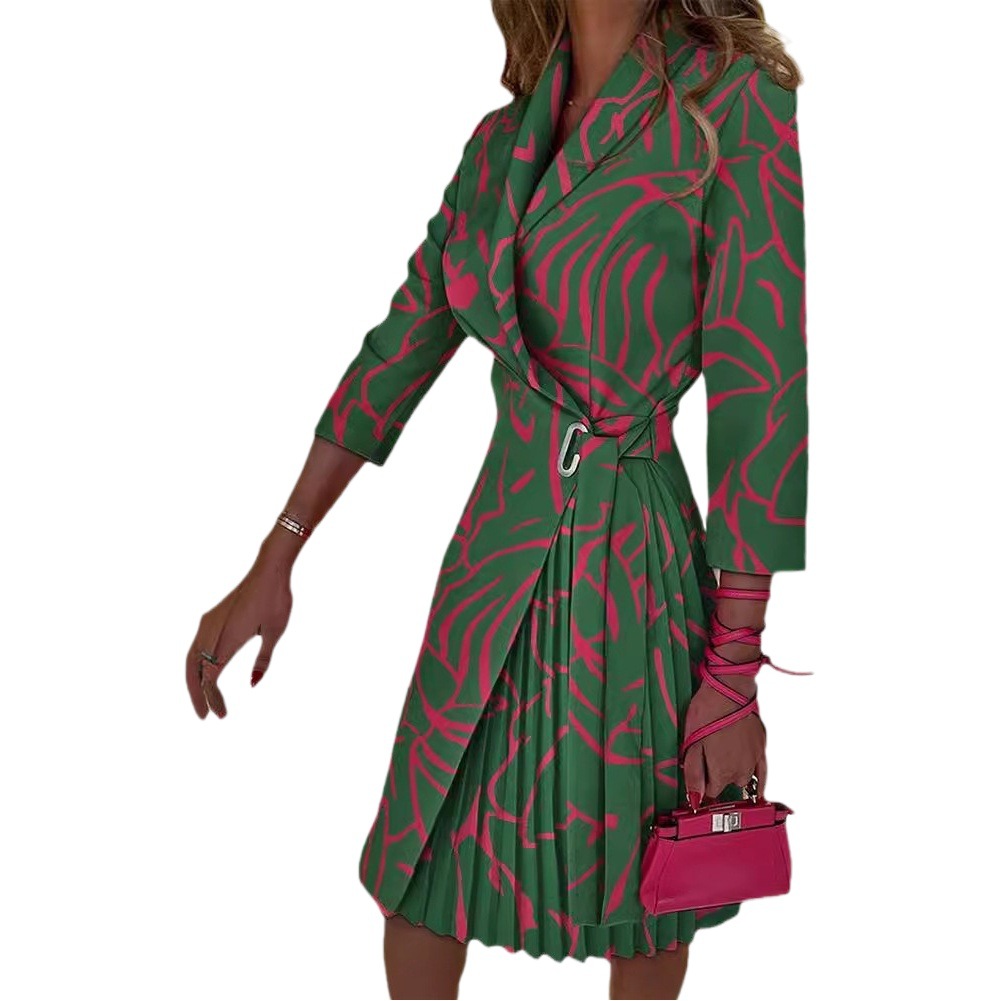 2024 Cross-border AliExpress Amazon New Women's V-neck Fashion Strap Waist Mid-sleeve Pleated Dress