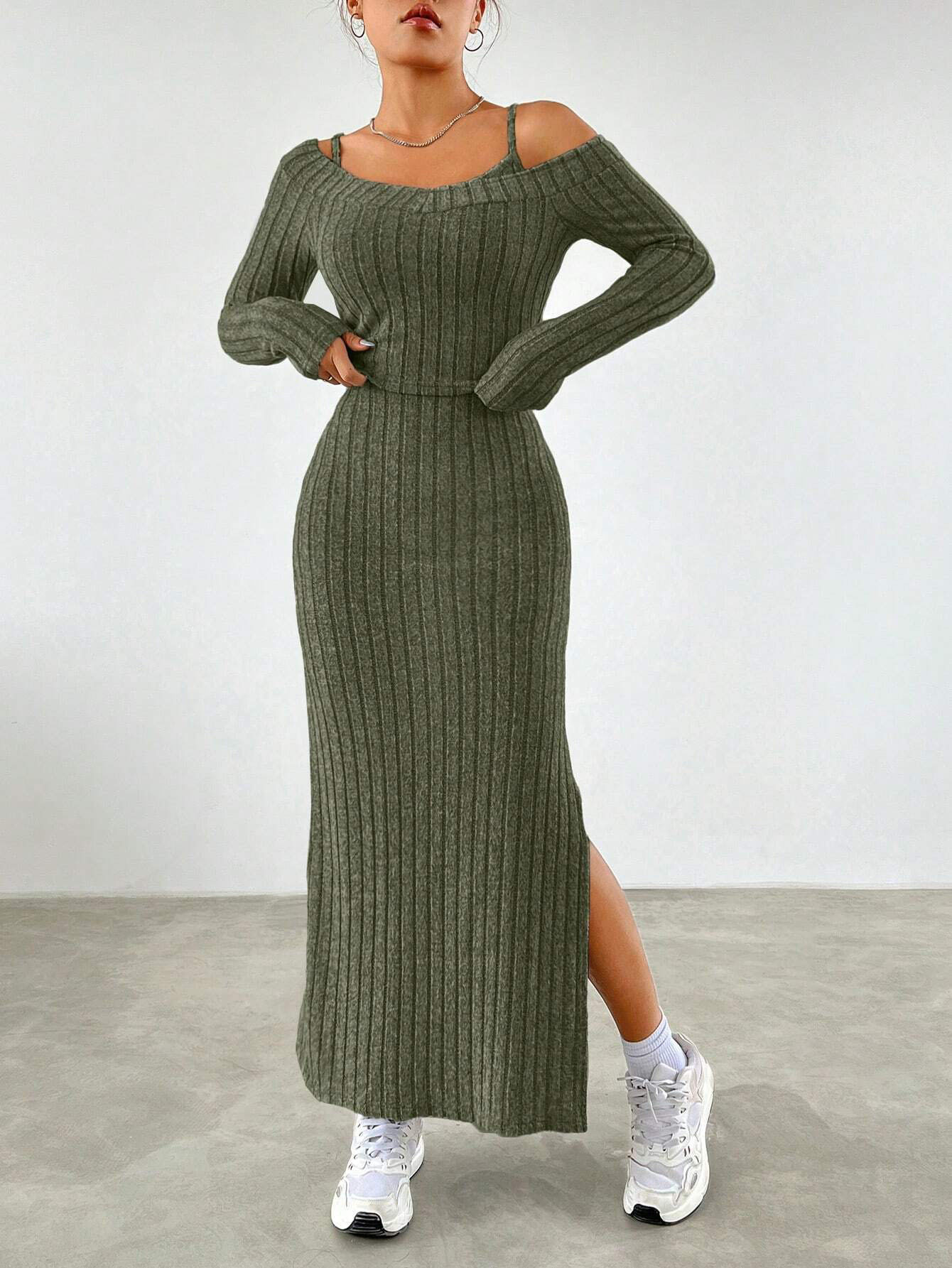 AliExpress Foreign Trade Cross-border Women's Clothing Simple Elegant Fashion suit Autumn and Winter Commuter Sling dress Two-piece Set