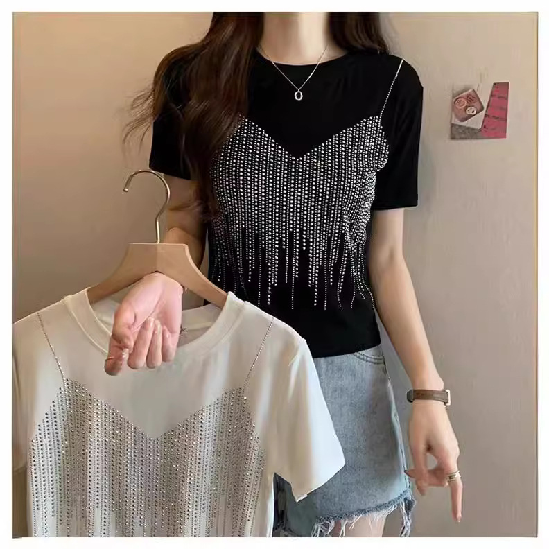 European Goods Hot Drilling Short-sleeved T-shirt Women's 2024 Summer New Design Sense Heavy Industry T-shirt Tight Shoulder Short-sleeved Top for Women