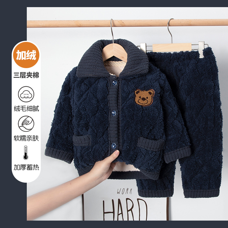 Picture of Children's Three-Layer Quilted Pajamas Winter Flannel fleece-lined Thickened Boys' Girls' Baby Warm Home Clothes suit