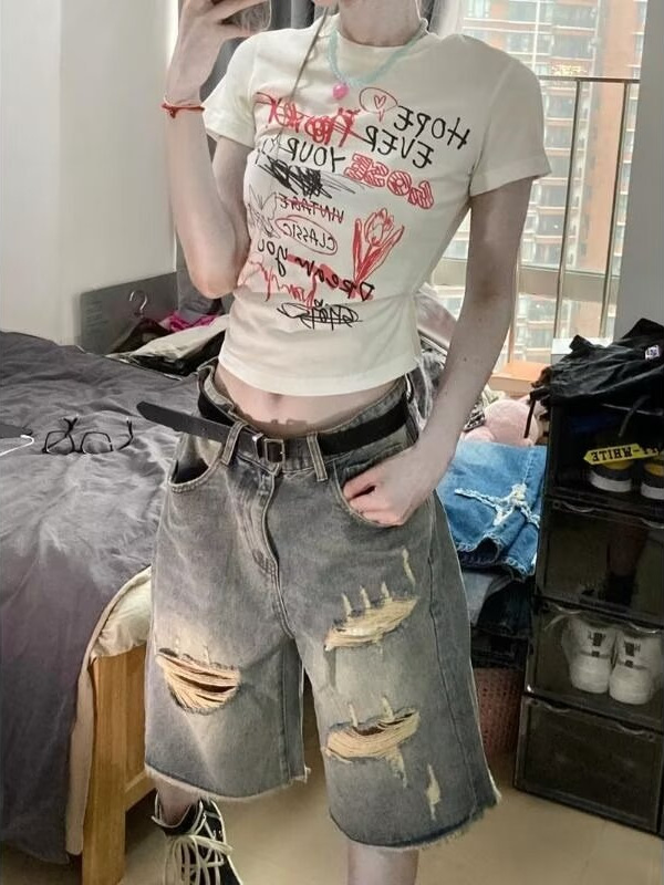 American Style High Street Vibe Style Ripped Denim Shorts Women's Summer High Waist Slimming Straight Straight Wide Foot Five-point Pants