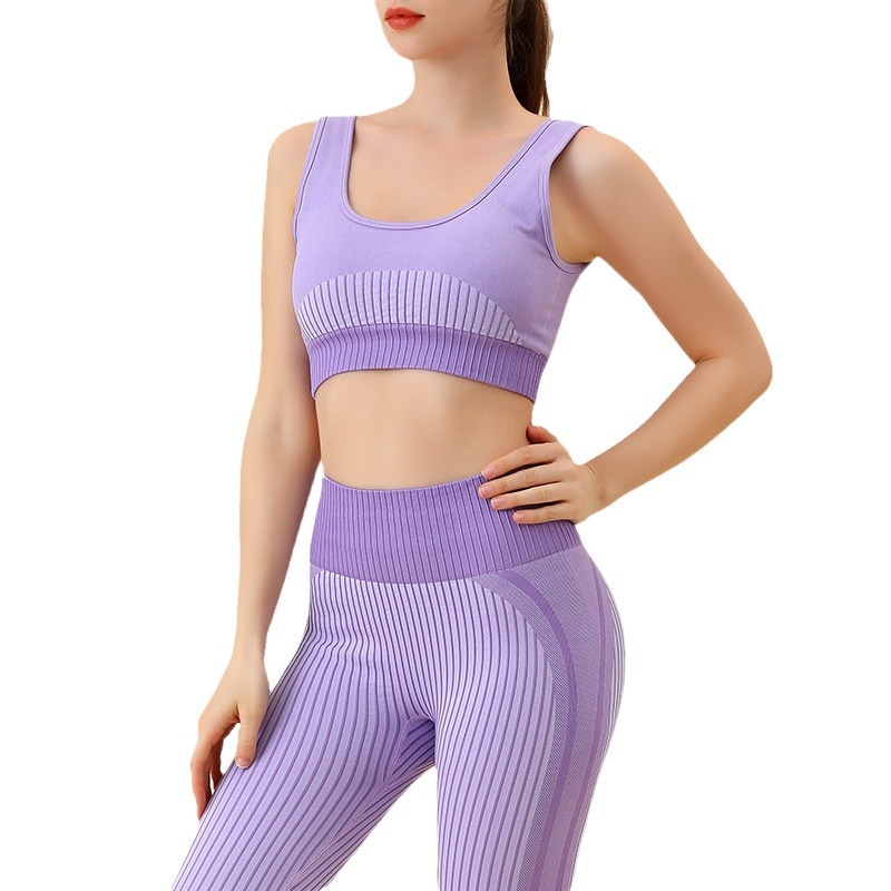 Picture of Cross-border yoga suit women's tight quick-drying yoga clothes striped contrast color fitness running two-piece yoga clothes suit