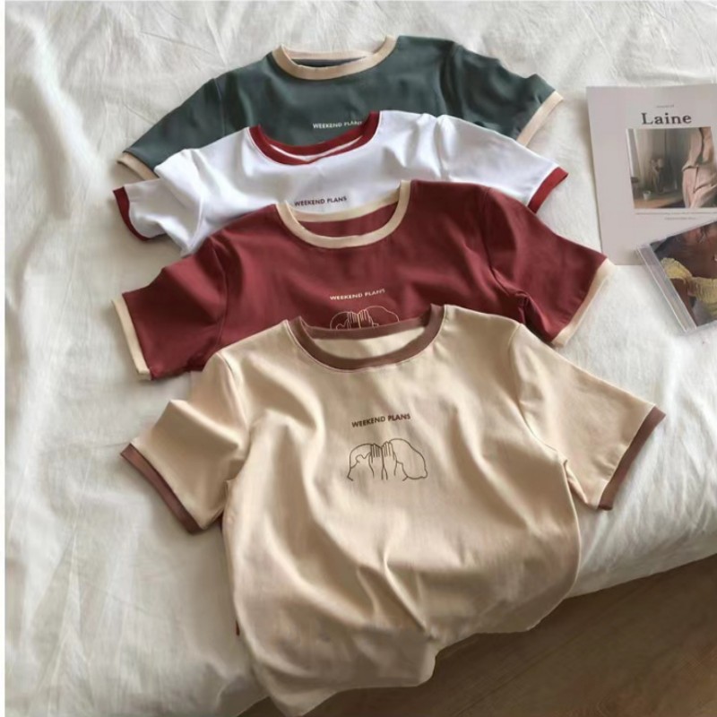 Cross-border Wholesale Milk Silk Color Contrast Slim-fit Short-sleeved T-shirt Women's Summer Base Shirt Outer Wear Top Women's Fashion Women