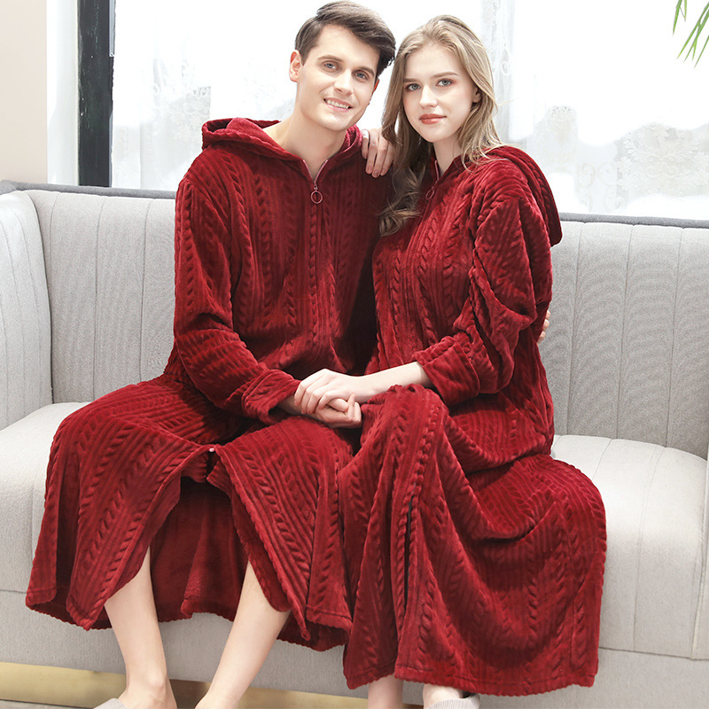 Picture of Couple Autumn and Winter Thickeneded Warm Flannel Nightgown Women's Long Men's Large Size Coral Velvet Bathrobe Zipper Pajama Dress