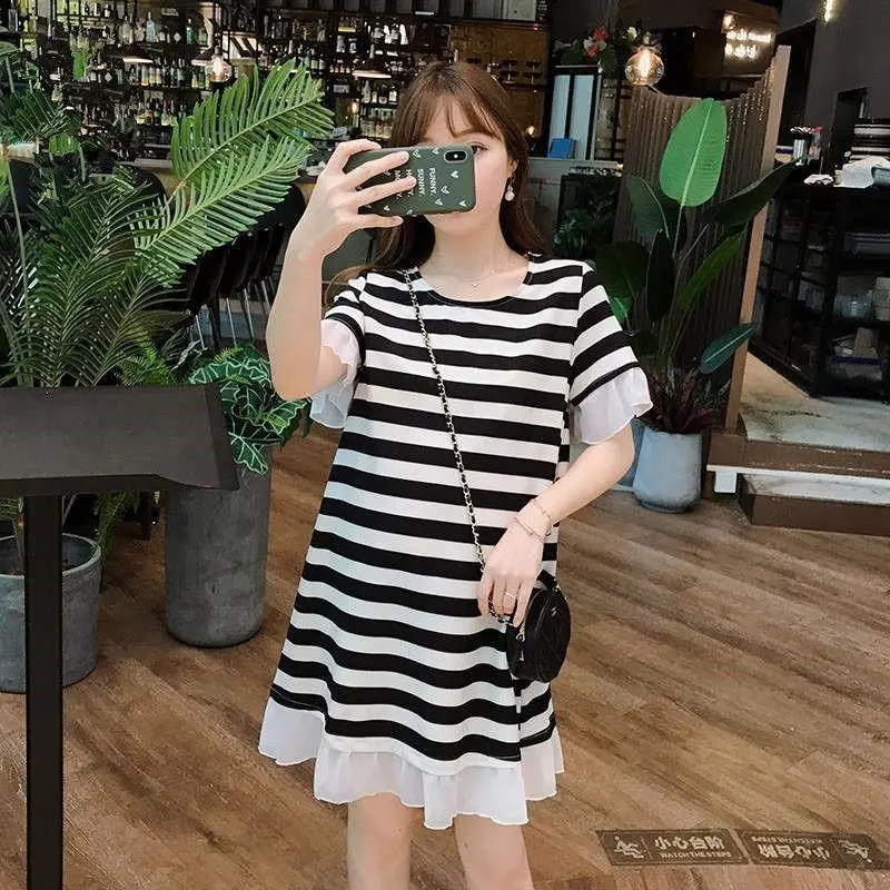 Picture of Pregnant women's T-shirt summer mid-length loose striped short sleeve dress pregnant slimming A- line skirt plus size pregnant women's skirt summer