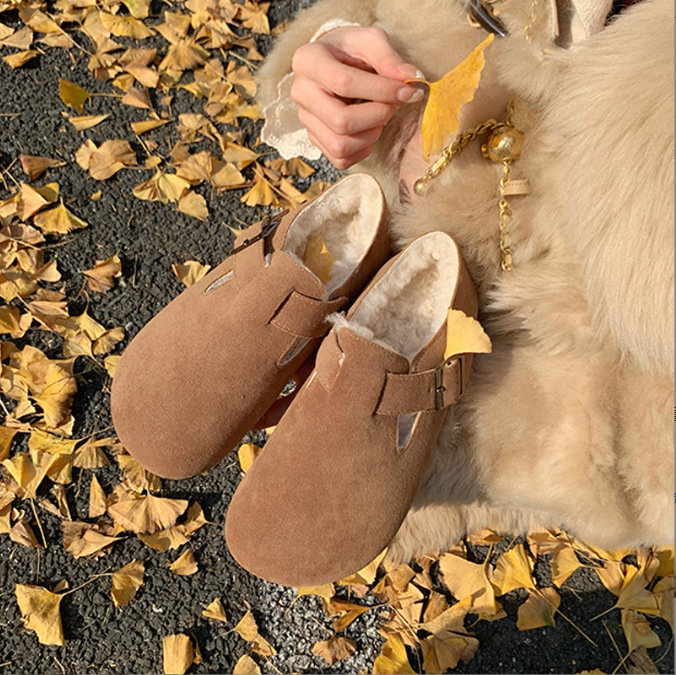 Grape Mom's Same Style Winter Velvet Warm Thick-Soled Fur Big-Toe Flats Furry Shoes Birkenstock Shoes for Women