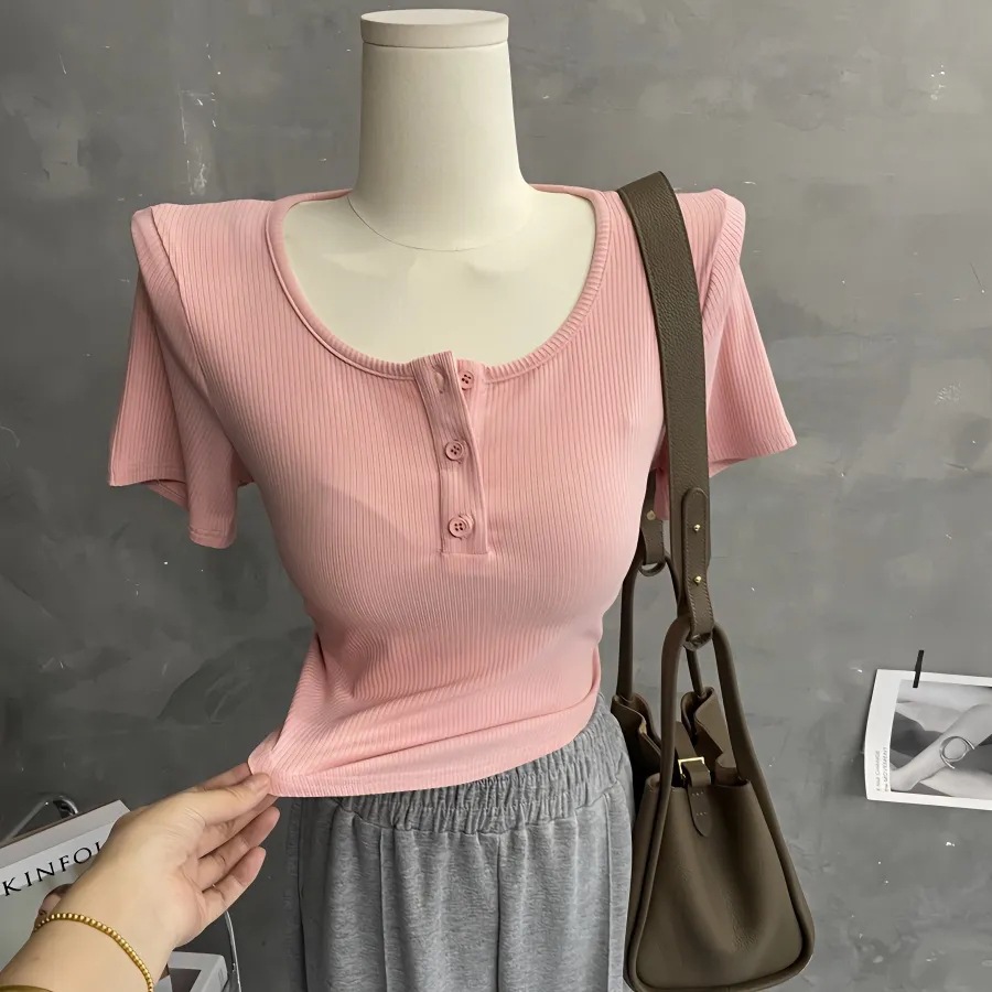 Milk fierce pure desire ~ sexy u short sleeve t-shirt women's slim fit slim versatile pink arc top with 2024 summer