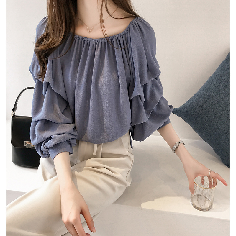 2024 latest Korean style elegant off-shoulder chiffon shirt women's loose bubble top slimming solid color base shirt