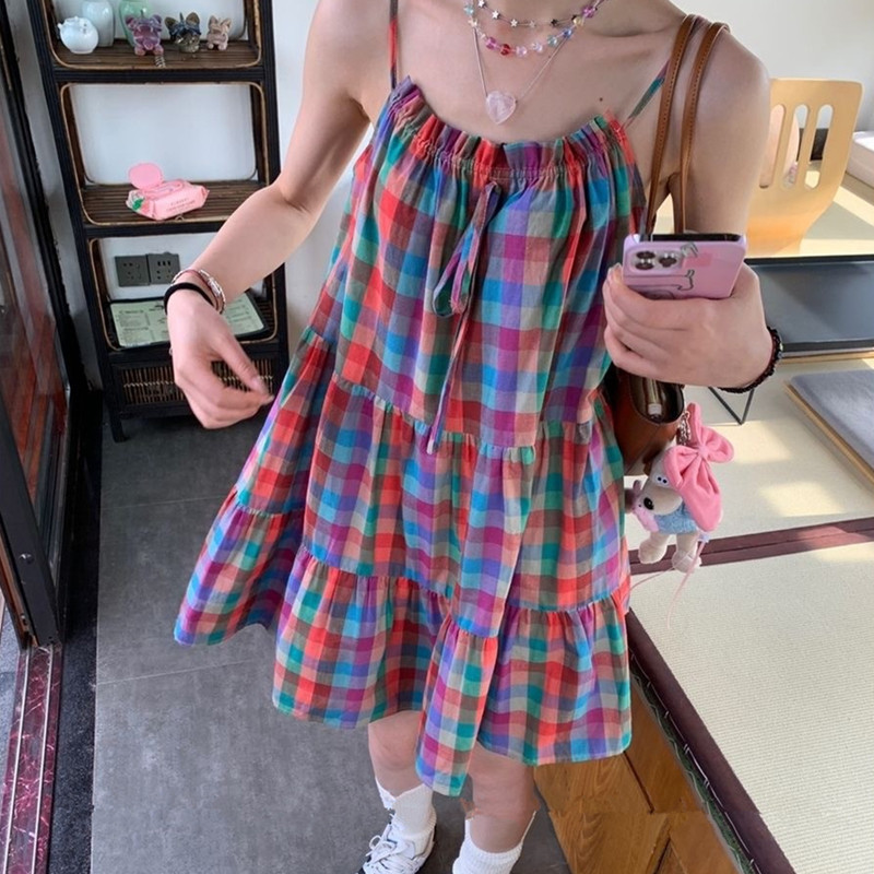 Sweet Dopamine Summer New Ins Style Korean-style Rainbow Plaid Slip Skirt Women's Loose Girl's dress