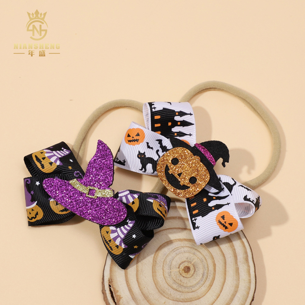 Picture of European and American New Children's Hair Band Halloween Hat Witch Pumpkin Skull Print Bow Baby Hair Accessories