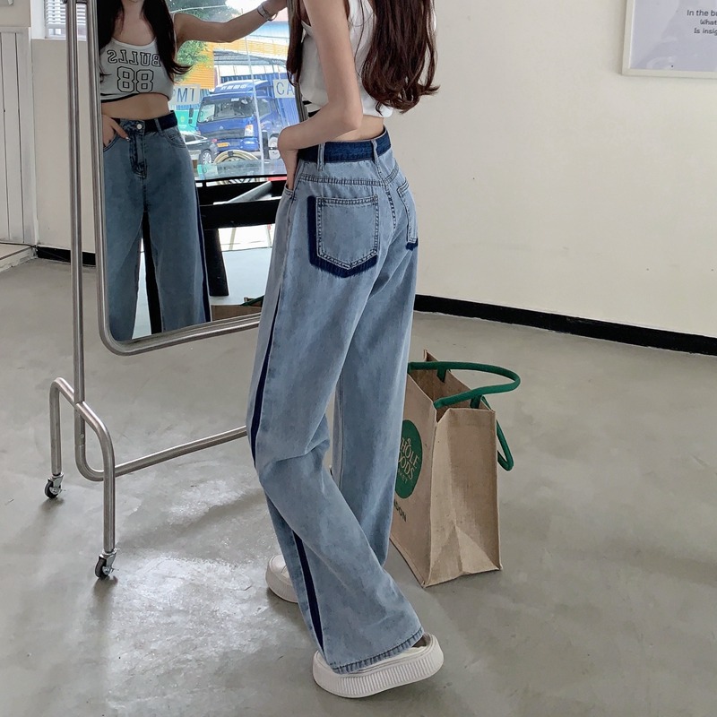 Blue straight jeans women's 2023 new summer wide-leg trousers design sense niche high waist mop pants