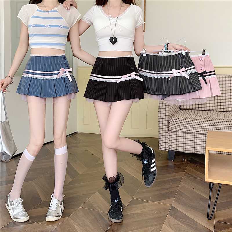 Real shot sweet striped contrast bow lace stitching pleated skirt spring and summer vintage all-match skirt