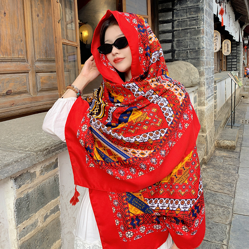 Beach Towel ins Super Large Summer Sunscreen Seaside Beach Scarf Fashion Silk Scarf Spring and Autumn Thin Shawl Dual-Use Red