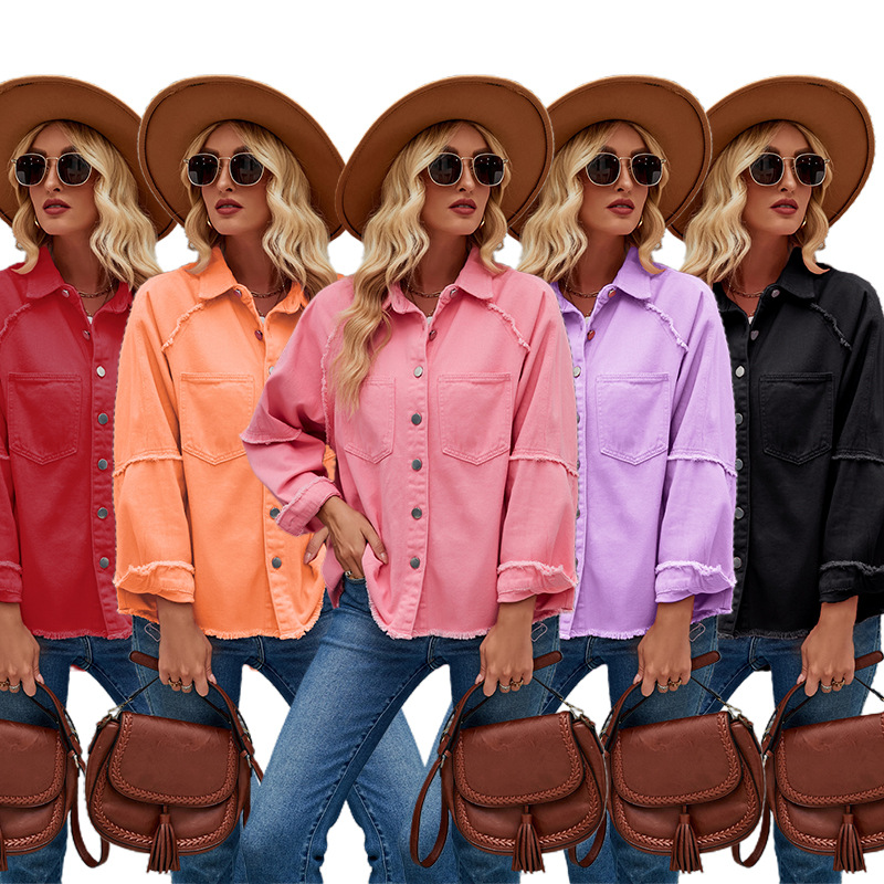 Real shot! Cross-border foreign trade European and American casual Denim jacket 2023 Autumn New washed solid color Denim coat for women