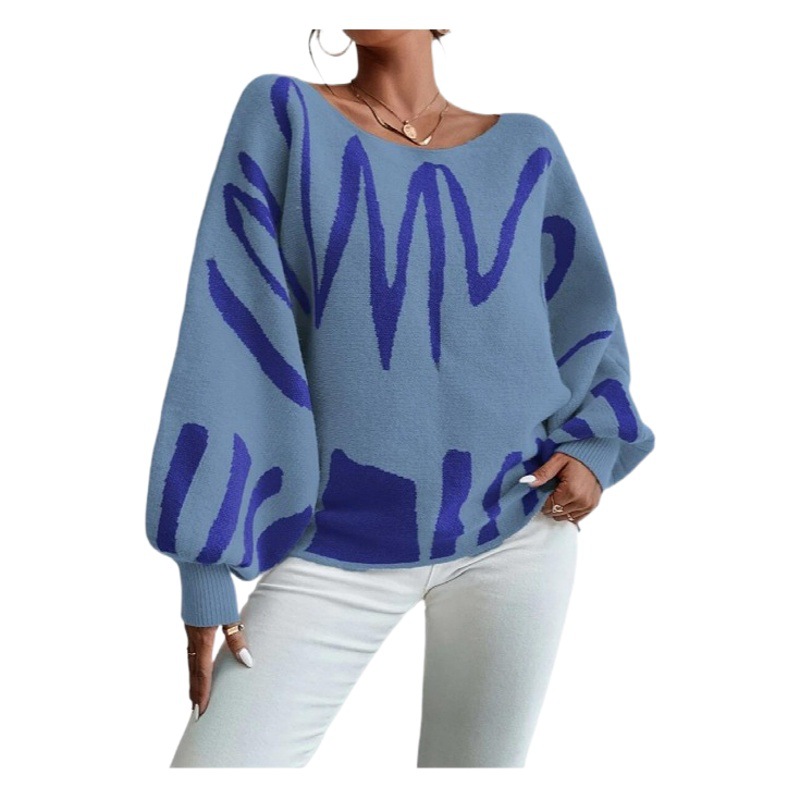 European and American Foreign Trade New Loose Pullover Knitted Sweater Women's Cross-Border Amazon Lantern Sleeve Design Sweater for Women