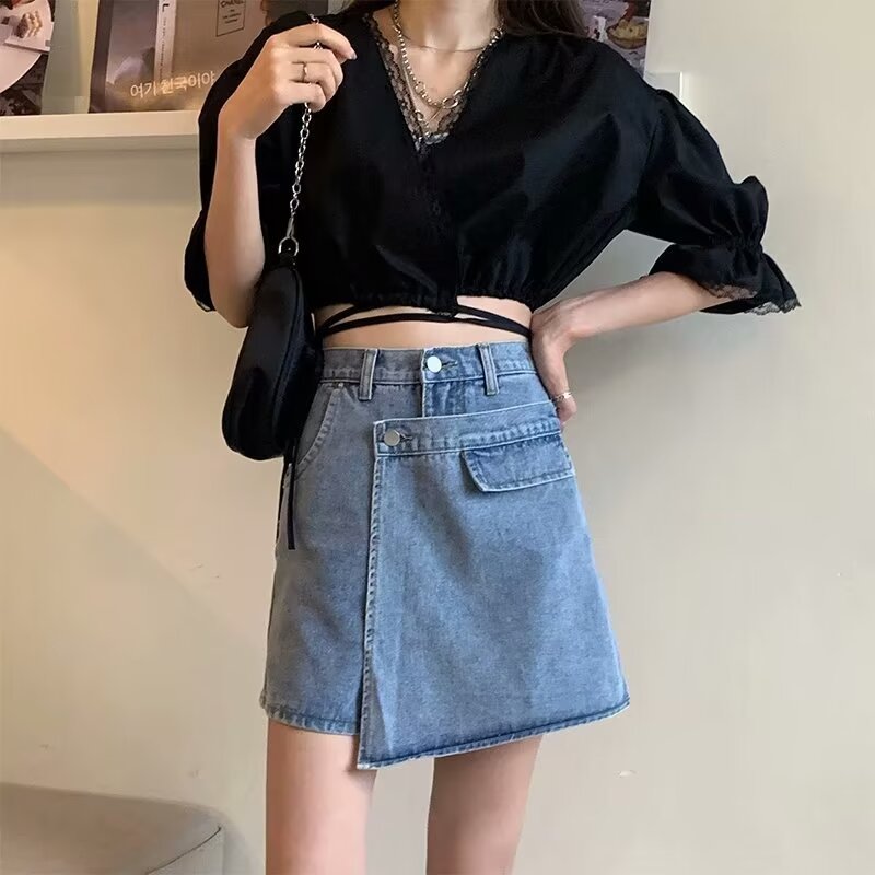 Hong Kong Style Fashion Summer Denim Skirt Women's Summer High Waist Anti-running Light Design Sense Blue Trendy Short Skirt Pants