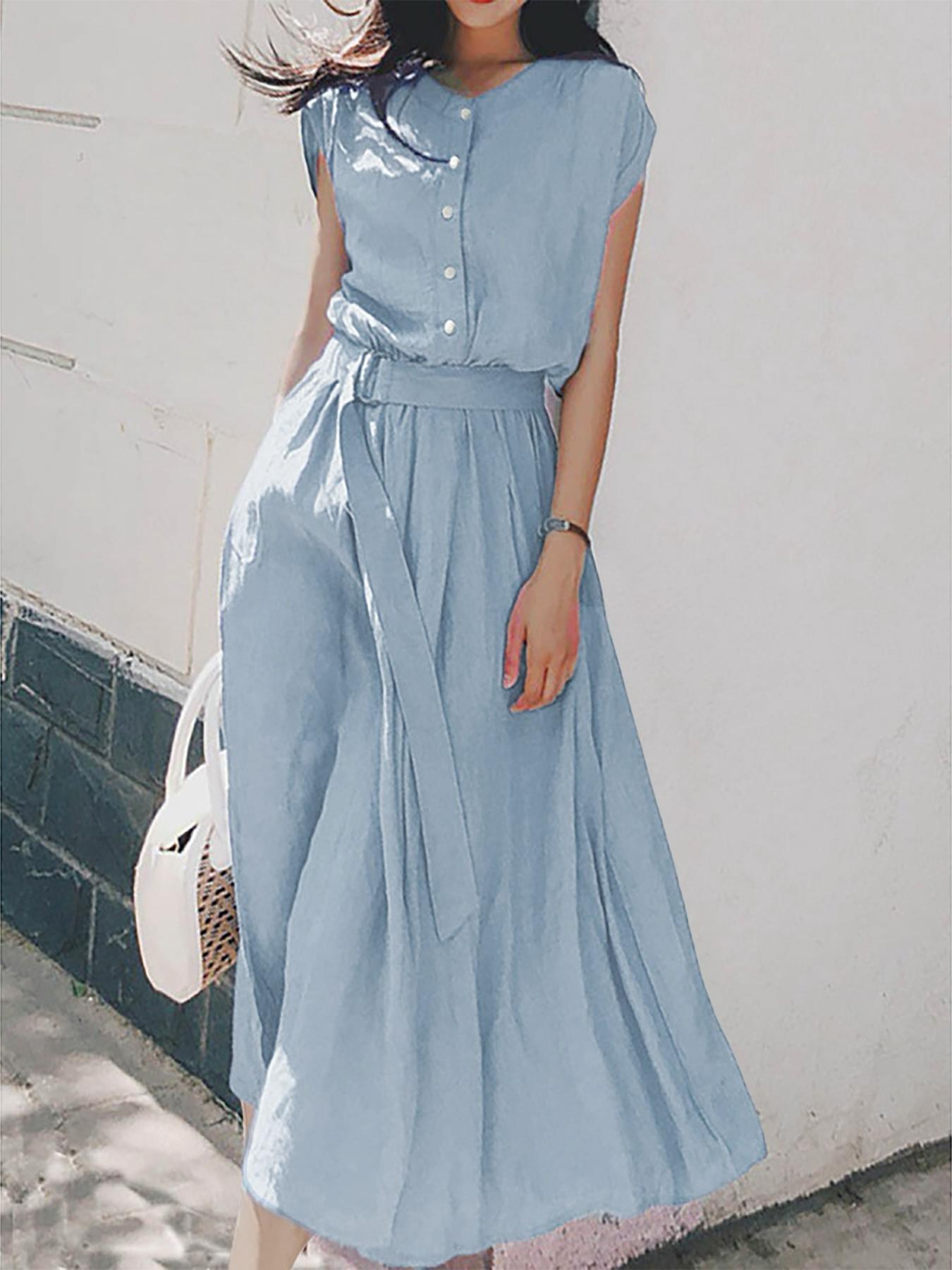 2025 Independent Station European and American Amazon Elegant Pure Color Lace-Up Button A-Line Dress