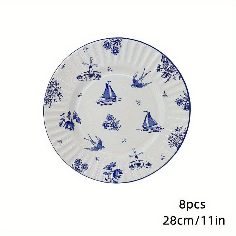Picture of Disposable Paper Plate Blue and White Porcelain Printed Large Flat Plate Party Party Decorative Plate Dim Pot Plate Picnic Spring outing Tableware
