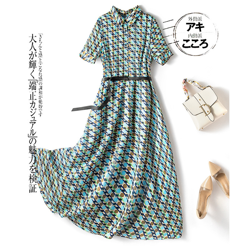 Spot fashion socialite large size skirt 2021 summer New temperament waist lapel dress plump mm chiffon skirt dress