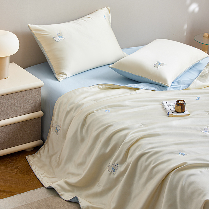 Picture of Class a Summer Cooling Tencel Lyocell Embroidered Air-Conditioning Summer Quilt Girly Cartoon Thin Quilt Four-Piece Set