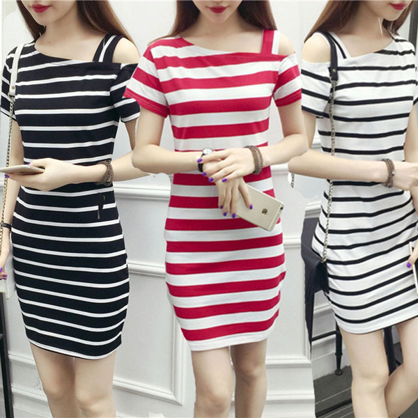 Asymmetrical Striped Dress Slim Fit Spaghetti Strap Off-Shoulder Fashion Sexy Top Slimming T-Shirt Dress Women's Midi Dress
