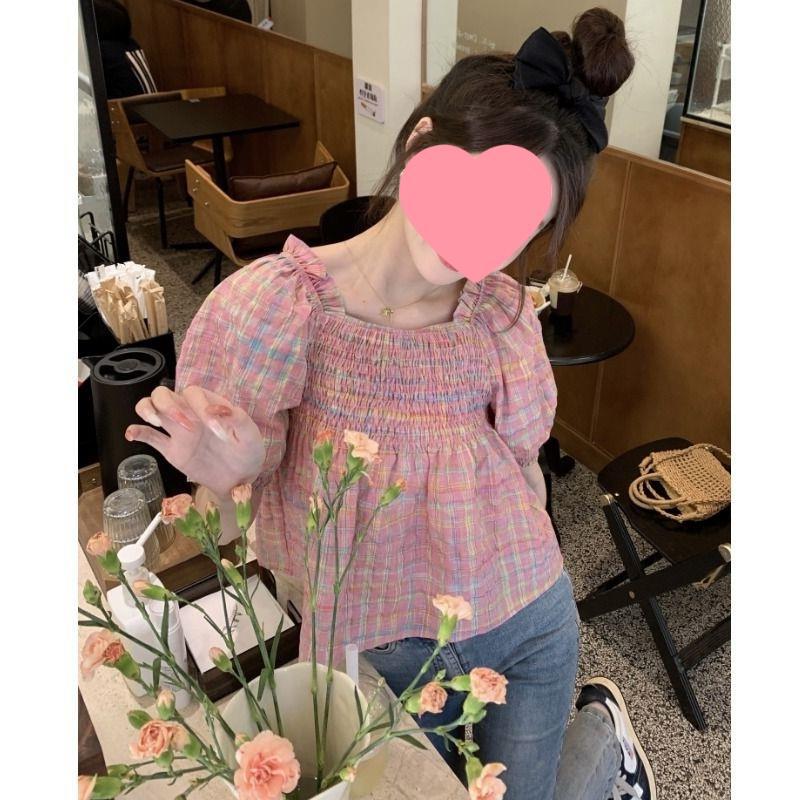 French Sweet Plaid Pressed Square Collar off-shoulder Puff Sleeve Doll Shirt Women's Summer 2024 New Top