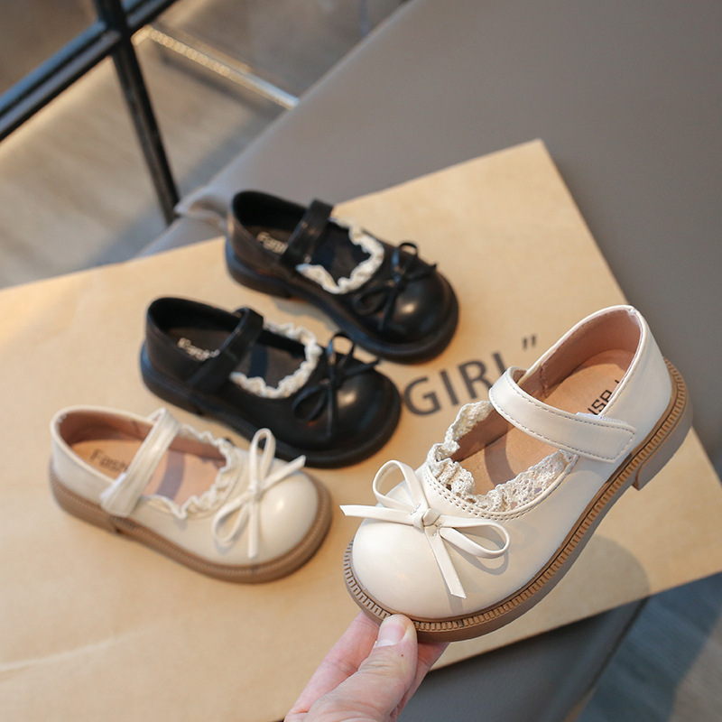 Girls Children's Shoes Bow Lace Leather Shoes 2025 Spring and Autumn New Student Princess Mary Jane Shoes Children Breathable Single-layer Shoes