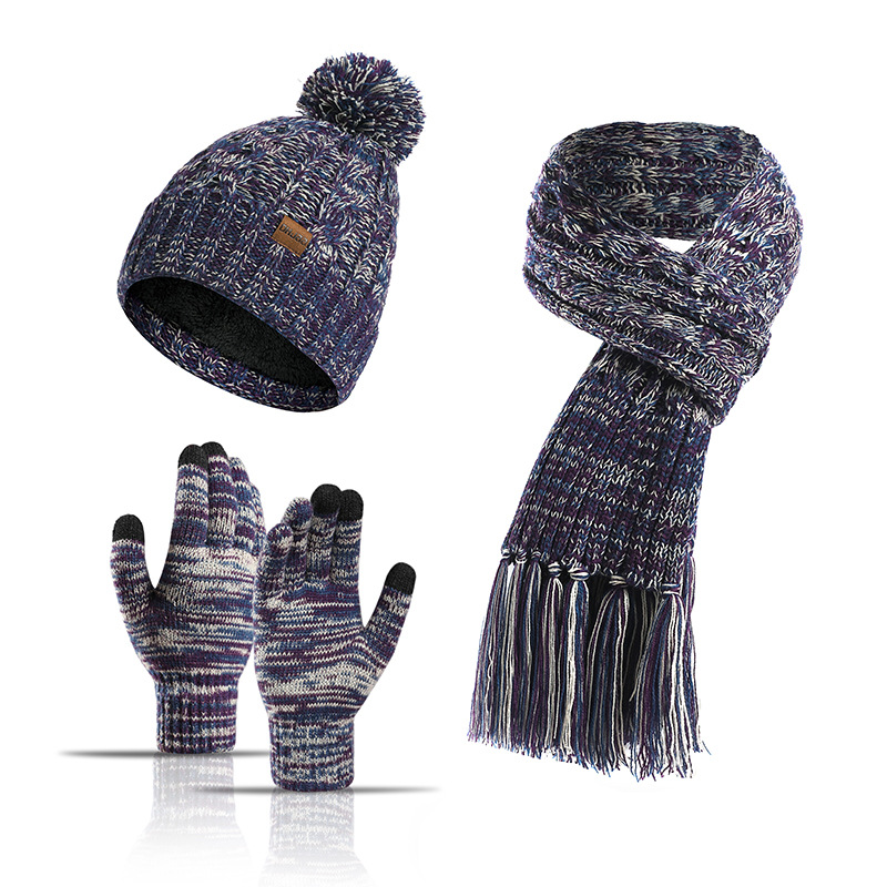 Picture of Winter Hat New Style Knitted Wool European and American Cross-Border Color Hat Thickened Scarf Touch Screen Gloves Three-Piece Set