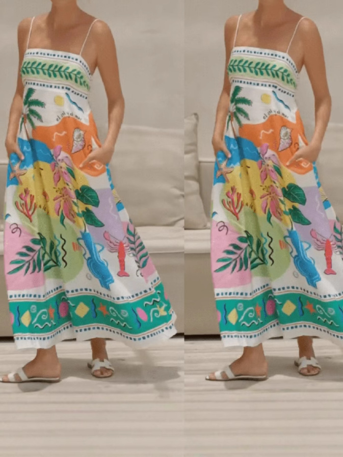 Cross-Border Amazon European and American 2025 New Summer Women's Sexy Positioning Printed Suspender Sleeveless Full Skirt Dress