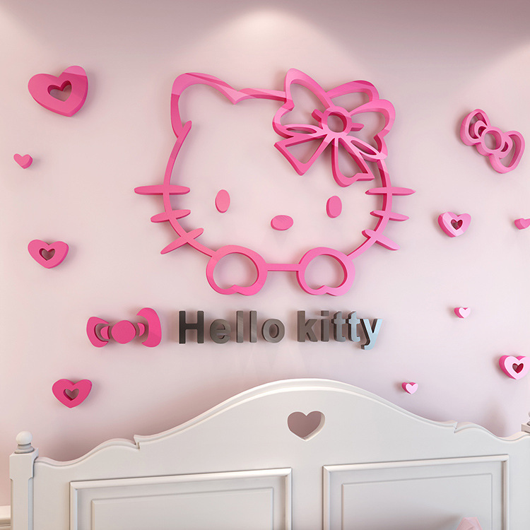 Cartoon Cute Pink Kitten Stereo Wall Stickers 3d Acrylic Children's Room Bedroom Bedside Background Wall Stickers