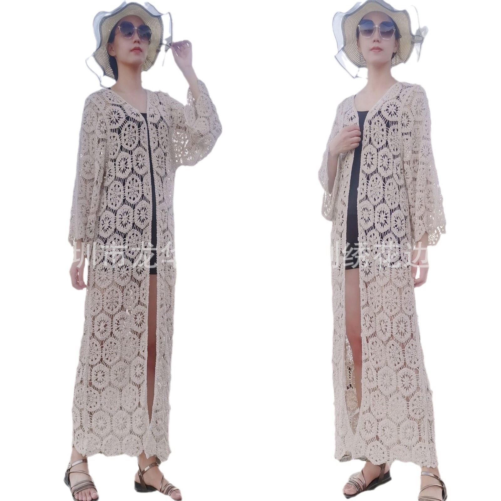 Picture of European and American style women's knitted vest long-sleeved cardigan dress shawl women's heavy work crocheted hollow retro long beach shirt